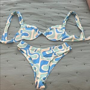 Aurelle Retro Graphic Blue and White Women's Cheeky Bikini Set